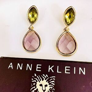 Anne Klein AK Earrings Pink Green Crystals Dangle Drop Gold Tone Pierced 1079